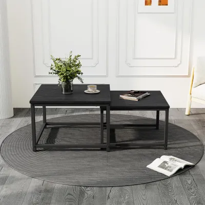Produktbild von Hawthyhome 2er-Set quadratischer Couchtisch Couchtisch aus Holz mit Metallgestell moderner Beistelltisch für Wohnzimmer und Schlafzimmer, schwarz