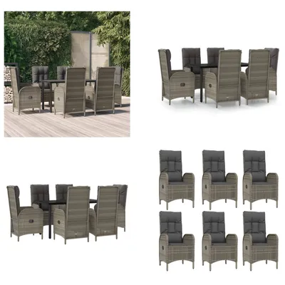Produktbild von vidaXL 7 tlg. Garten Essgruppe mit Kissen Schwarz und Grau Poly Rattan - Garten Essgruppe - Garten Essgruppen - Essgruppe - Essgruppe Terrasse