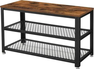 Productafbeelding van Famanu schoenenbank met opbergruimte - 2 planken - 30 x 73 x 45 cm - geschikt voor de hal - industriële vintage stijl, bruin-zwart