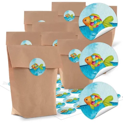 Produktbild von 10 kleine braune natur Papiertüten blau türkis Regenbogen-Fisch 14 x 22 x 5,6 cm + 24 runde Aufkleber - Verpackung give-away Mitgebsel Kinder-Tüten Gastgeschenk Kommunion Geburtstag verpacken24 Stück