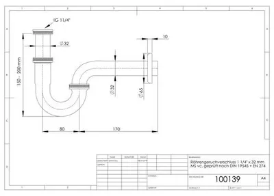 Produktbild von Röhrengeruchverschluss 11/4" x 32 mm Messing, ASW Nr. 100139 verchromt