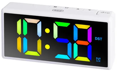 Produktbild von Trevi EC 886 Digitaler Wecker mit mehrfarbigem LED-Display, USB-Anschluss, Schlummerfunktion und Dimmer, weiß
