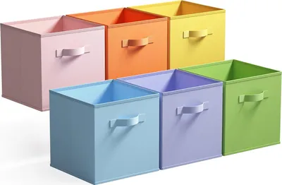 Image de Boîtes de rangement cubiques, 33x33x32,4 cm, lot de 6, en tissu, pliables, avec poignées, pour chambre d'enfant