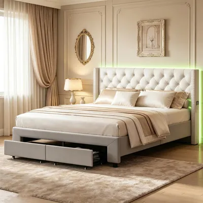 Productafbeelding van Gestoffeerd bed - Tweepersoonsbed 140 x 190 cm - 2 lades - Opbergruimte - Lattenbodem - Hoofdeinde - Beige