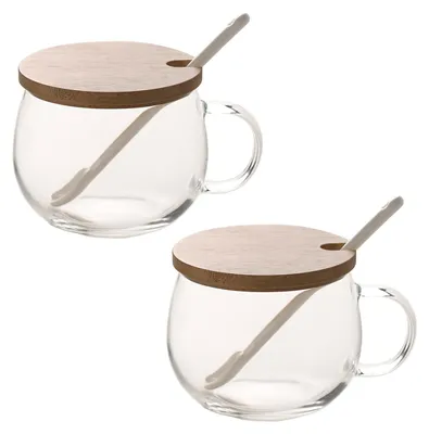 Gläserne Tassen mit Deckel & Löffel, 2er-Set, 350 ml, Borosilikatglas
