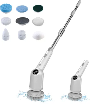 Obrázek produktu pro Akumulátorový elektrický odstředivý čistič, 360 stupňů, 3 rychlosti, výkonný čisticí kartáč s 8 vyměnitelnými kartáčovými hlavicemi a nastavitelným prodlužovacím ramenem pro koupelnu, podlahu, sprchu, vanu, sklo, auto