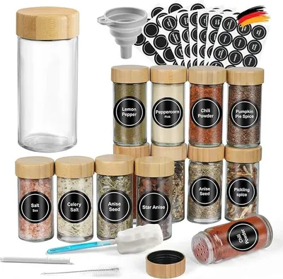 Produktbild von 12 Gewürzgläser Set mit Deckel,100ml Gewürzdosen mit Etiketten auf Deutsch,Gewürzstreuer Spice Jars Gewürzbehälter mit Trichter mit Streueinsatz,Leeren Aufklebern, Sieben[9,5cm x 4,5cm]