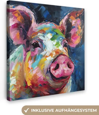 Zdjęcie produktu dla MuchoWow® - Obraz na płótnie - Świnia - Farba olejna - Zwierzęta - Sztuka, dekoracja ścienna, obrazy do salonu, 50x50cm