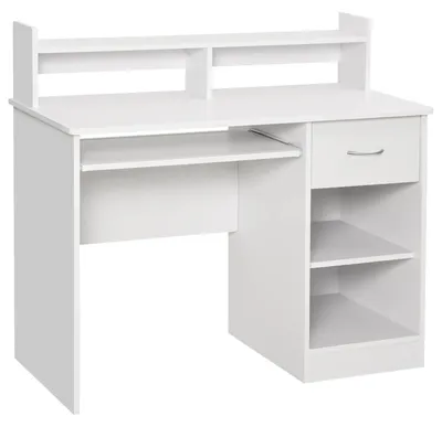Zdjęcie produktu dla Stół komputerowy – biurko pod komputer – rama drewniana – wysuwana półka na klawiaturę – szuflady – 104 x 48 x 95,5 cm – kolor khaki