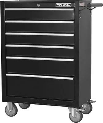 Produktbild von Werkstattwagen 6 Schubladen, Werkzeugwagen Zentral Abschließbar Inkl, Rollwagen mit Schubladen, 2 Rollen mit Feststellbremse, 61.5 x 33 x 93 cm, Schwarz