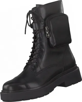 A black leather boot with laces and a small attached pouch.