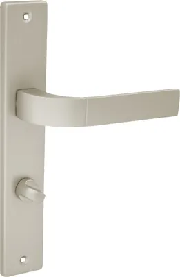 Produktbild von DOMINO Türgriff 78 Drückergarnitur WC - Badezimmer Set | Links & Rechts Türbeschlag für WC/Badezimmertüren | L-Form | Türbeschläge aus Aluminium | Satin Nickel Velvet Türdrückergarnitur |   FOKUS M91