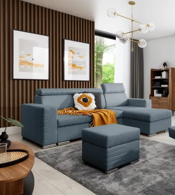 Produktbild von Ecksofa Schlafsofa inkl. Hocker CANTON Stoff Liverpool Azurblau Ottomane Rechts