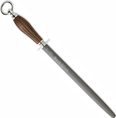 A sharpening steel with a wooden handle and a metal loop at the end, presented on a white background.