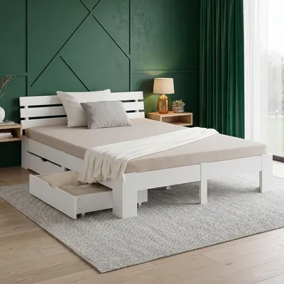 Produktbild von Homestyle4u Holzbett 160x200 mit 2 Schubladen Weiß Doppelbett mit Matratze mit ® Standard 100 Bettkasten