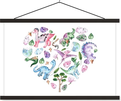 Produktbild von MuchoWow® Textilposter Kinderzimmer - Muster - Dinosaurier - Mädchen - Kinder - Rosa - Kinder 150x100 cm mit schwarzem Rahmen - Schlafzimmer