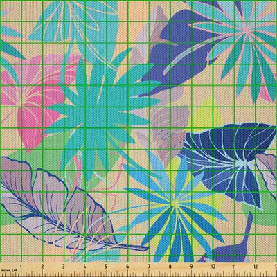 Image de ABAKUHAUS Tissu satiné tropical vendu au mètre, flore hawaïenne exotique avec illustration de feuilles colorées représentant la nature estivale, 2 m (148 x 200 cm), multicolore