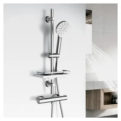 Produktbild von Duschset mit Duschablage und Seifenschale, Edelstahl, wassersparendes Brausestangeset 0,7 m mit Duschkopfhalterung und Schlauch für das Badezimmer, rund, Chrom