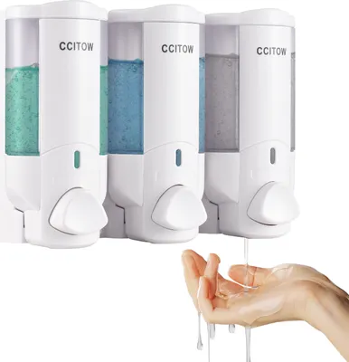 Zdjęcie produktu dla Dozownik mydła pod prysznic do montażu na ścianie, 200 ml * 3, bezpieczny ABS, bez wiercenia, zestaw dozownika mydła w płynie do rąk z przezroczystym okienkiem, oddzielny wylot płynu, konstrukcja zamka, wyjmowana komora na szampon do mycia rąk, żel pod prysznic w łazience, pralni, hotelu