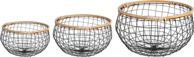 Produktbild von Metallkorb LOU 3er Set rund - schwarz/natur Drahtkorb mit Holzrahmen, Organizer, Aufbewahrungskorb, Abstellkammer, Bad, Küche