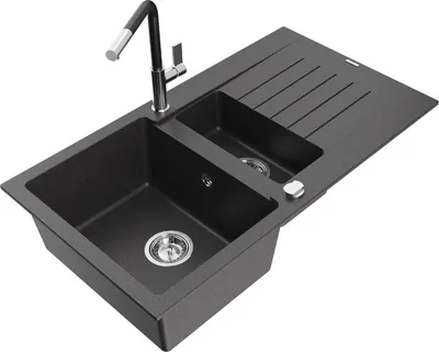 Produktbild von Mexen Matias 1,5-Becken-Granitspüle mit Abtropffläche und Mischbatterie Flora, Schwarz gesprenkelt - 6502-76-670401-07