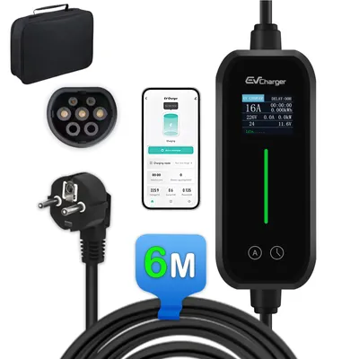 Produktbild von EV Ladegerät 16A Typ 2 mit App-Steuerung Schuko-Stecker 6m Kabel 6/8/10/13/16A einstellbar 1,77" Display mobile Wallbox für Elektroauto Tragetasche