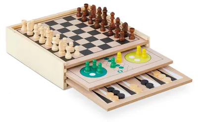 Produktbild von Relaxdays Spielesammlung, 7 Brettspiele aus Holz, Schach, Ludo, Backgammon, Gesellschaftsspiele, Spiele Klassiker, bunt
