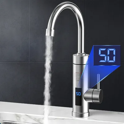 Produktbild von Küchenarmatur 3000W Elektrischer 30-60°Wasserhahn Temperaturanzeige Edelstahl 304, 360° drehbar, Haushalt, digitale Anzeige, 3-Sekunden-Aufheizung