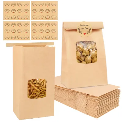 Produktbild von Kraftpapier-Tüten mit Sichtfenster - Blockbodenbeutel für Gebäck und Süßigkeiten - 25 Stück - 9x6x17 cm