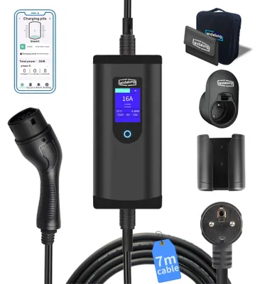Produktbild von Tragbare Ladestation für Elektroautos, 3,5 kW, 1-phasig, Schuko-Stecker, 7 Meter Kabel, Typ 2 Anschluss, sicher