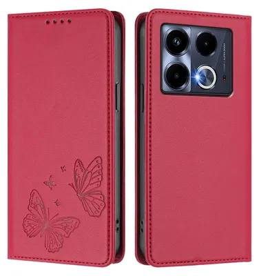 Produktbild von Lederhülle für Infinix Note 40 4G, Schmetterling Prägung Leder Brieftasche Schutzhülle mit Ständer Rot