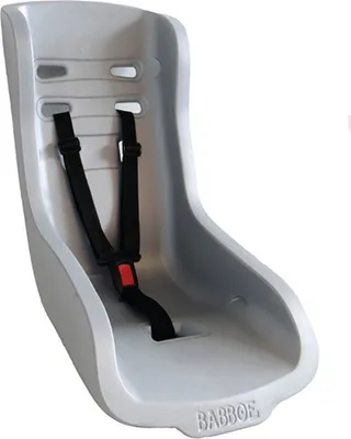 A gray child seat with black straps, designed for a bicycle.