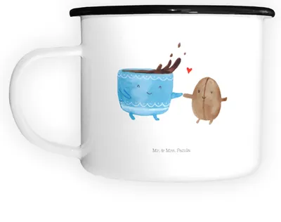 Produktbild von Mr. & Mrs. Panda Emaille Becher Kaffee Bohne - Weiß - Geschenk, Genuss, Kaffeebohne, Tasse, emaillebecher, Zufriedenheit, Pott, Teetasse, Lustige Sprüche, Glück
