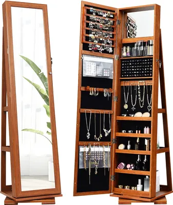 Produktbild von Drehbarer Schmuckschrank mit Ganzkörperspiegel, 2-in-1 Spiegelschrank mit eingebautem Spiegel, Schmuckregal abschließbar (Braun)