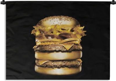 Produktbild von MuchoWow® Wandteppich Wandbehang Goldener Hamburger auf schwarzem Hintergrund. 150x112 cm Tapisserie Dekoration Wandtuch - Wanddecke - Wandteppiche