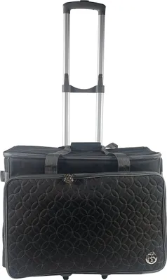 A black rolling sewing machine trolley with a quilted front panel and a retractable handle.