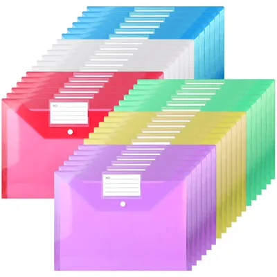 Produktbild von 36 A4-Dokumentenmappen mit Druckknopfverschluss, mehrfarbig, mit Etikettentasche und Etikett.