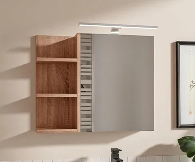 A bathroom cabinet with shelves and a mirror, mounted on a wall above a sink.