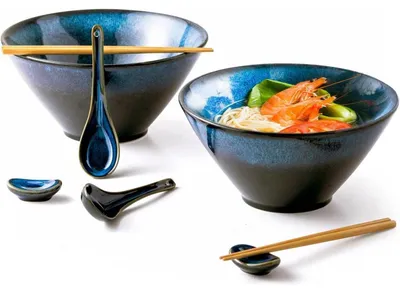 Immagine prodotto di Set di ciotole per ramen in Vetroceramica, capacità 2 litri, colore blu, composto da 8 pezzi, con bacchette e cucchiaio
