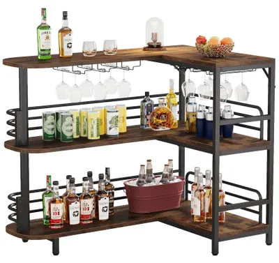 Produktbild von Hausbar - L-förmiger Bartisch - 3-stöckiger Barschrank - Stauraumregale - Weinglashalter - Für Küche und Wohnzimmer - Braun