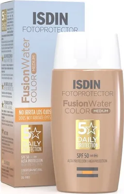 A product shot of ISDIN Fusion Water Color SPF 50 sunscreen, with its packaging visible.