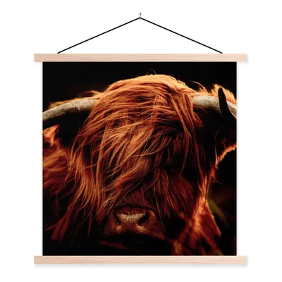 Produktbild von MuchoWow® Textilposter Schottischer Highlander - Kuh - Hörner - Porträt - Tiere 120x120 cm mit holzfarbenen Rahmen - Textil-Poster