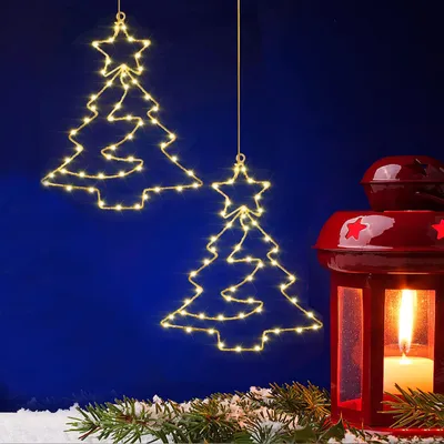 Imagen del producto de 2 luces LED para ventana con ventosa, para colgar, guirnalda de luces para interior y exterior, decoración para ventanas, funciona con pilas, con temporizador, IP44, iluminación navideña en color blanco cálido