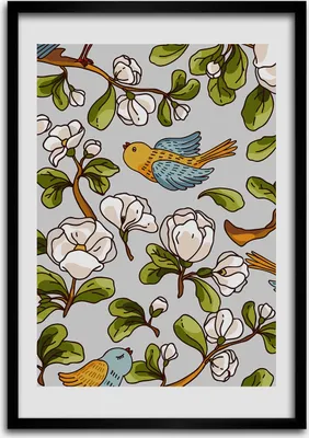 Produktbild von Bild - Bilderrahmen - Foto - 70 cm x 100 cm - MDF - Rahmen - Wandkunst - Vögel und Blumen