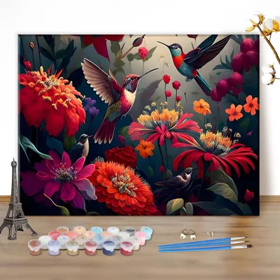 Produktbild von Malen nach Zahlen Set Erwachsene Kolibris Blumen 40x30cm Ohne Rahmen Acrylfarben Pinsel