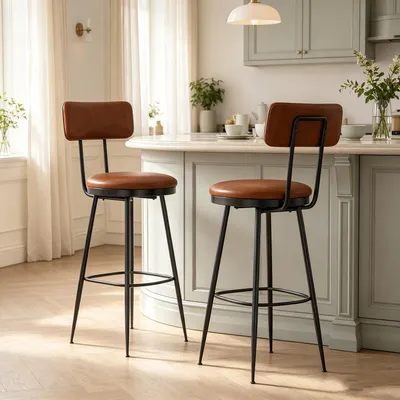 Productafbeelding van INONEFT Barstoelen, set van 2, met rugleuning, industriële design, keukenstoelen met voetsteun, bekleding van Polyurethanleer, mid-century modern stijl, bruin
