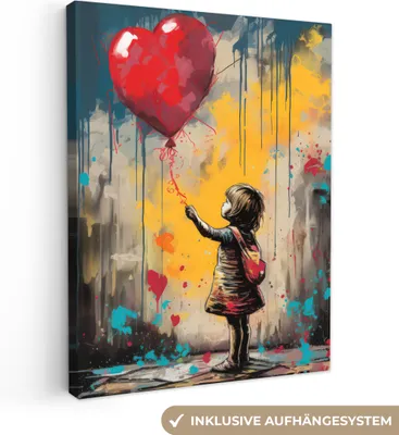 Obrázek produktu pro Dekorace na zeď 60x80 cm - Banksy - Girl - Balloon - Heart - Graffiti, nástěnné umění, dekorace do obývacího pokoje