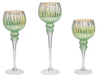 Productafbeelding van Windlichtset kelk op voet, set van 3, van glas, mintkleurig (H) 30 cm, 35 cm, 40 cm x Ø13 cm