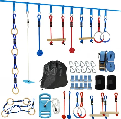 Produktbild von AIYAPLAY Ninja Line Kinder 10m 9-teilig Slackline Set mit 2 Turnringe, Schaukel