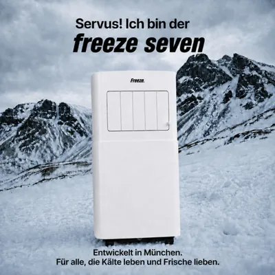 Produktbild von Freeze. seven 7000BTU Mobile Klimaanlage Weiß – Monoblock-Klimagerät mit LED-Display & Fernbedienung, Timer und Sleep‑Modus, verstellbarer Luftauslass, Kindersicherung, Rollen, inkl. Abluftschlauch & Fensterkit